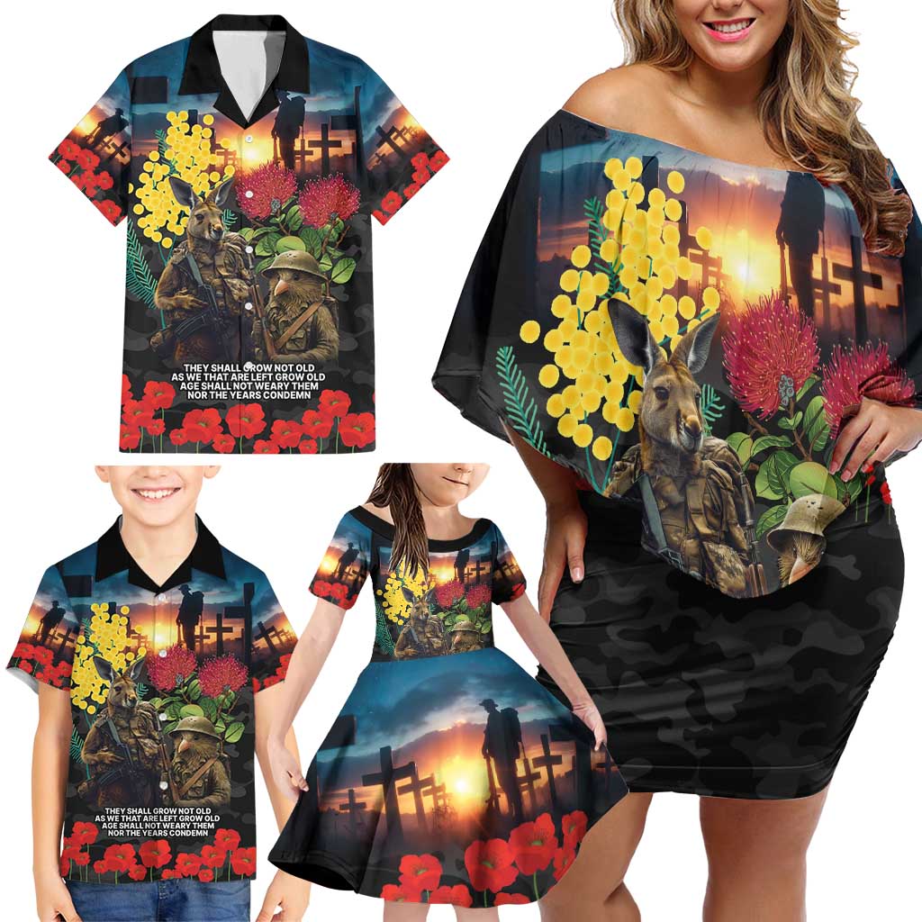 Kangaroo-Kiwi Soldier ANZAC Personalised Family Matching Off Shoulder Short Dress and Hawaiian Shirt Golden Wattle and Pohutukawa Flowers