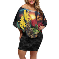 Kangaroo-Kiwi Soldier ANZAC Personalised Family Matching Off Shoulder Short Dress and Hawaiian Shirt Golden Wattle and Pohutukawa Flowers LT9 Mom's Dress Black - Polynesian Pride