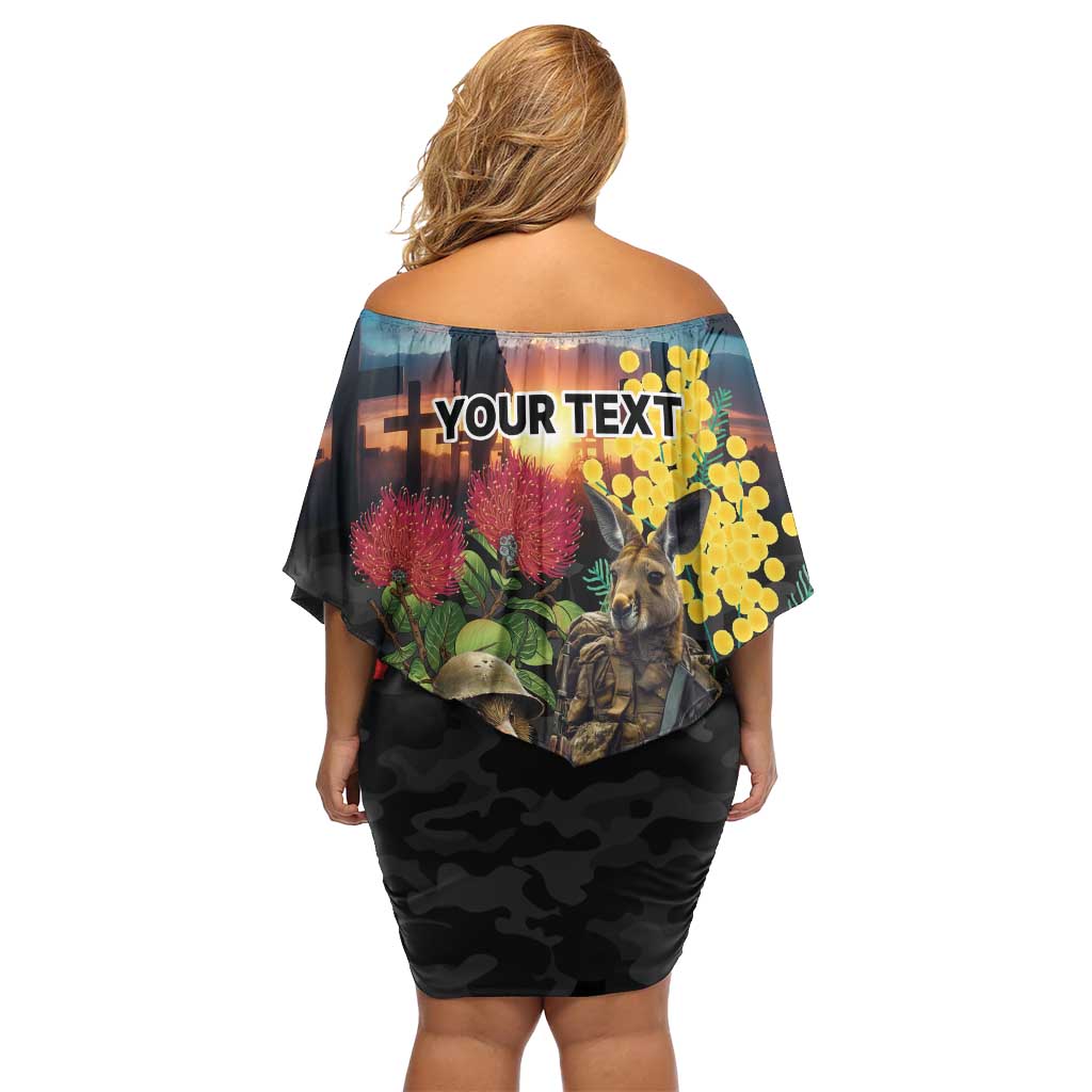 Kangaroo-Kiwi Soldier ANZAC Personalised Family Matching Off Shoulder Short Dress and Hawaiian Shirt Golden Wattle and Pohutukawa Flowers LT9 - Polynesian Pride