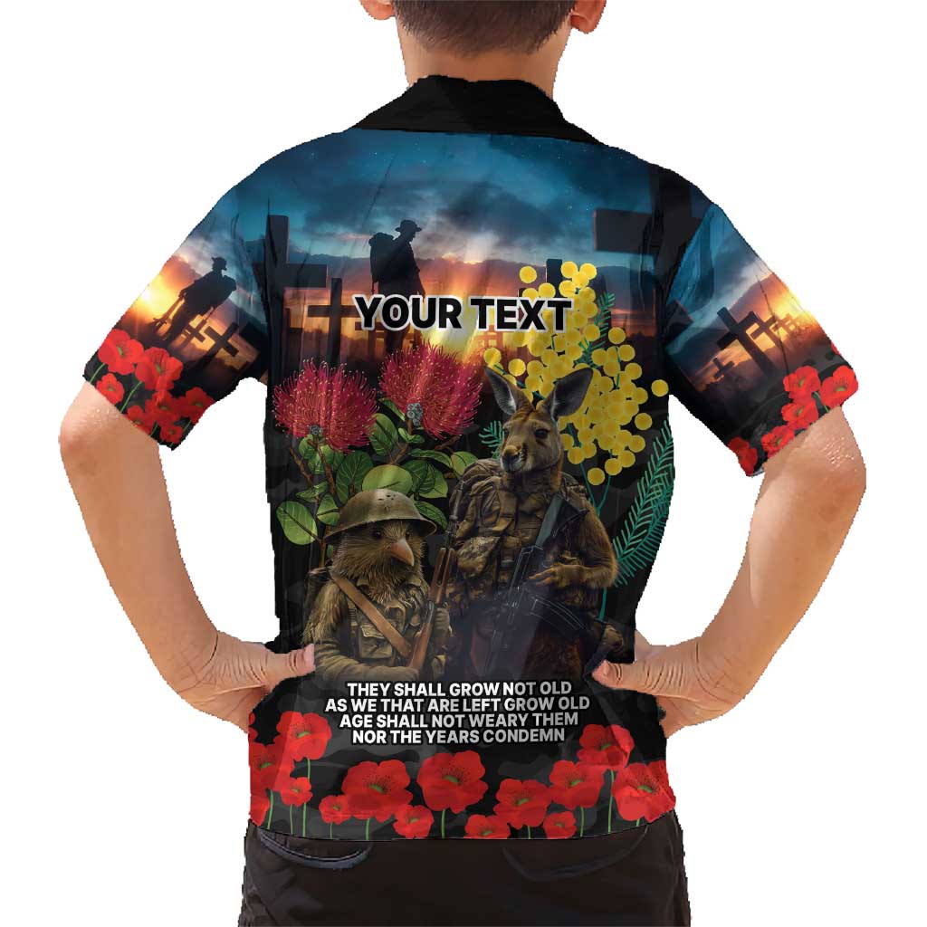 Kangaroo-Kiwi Soldier ANZAC Personalised Family Matching Short Sleeve Bodycon Dress and Hawaiian Shirt Golden Wattle and Pohutukawa Flowers LT9 - Polynesian Pride