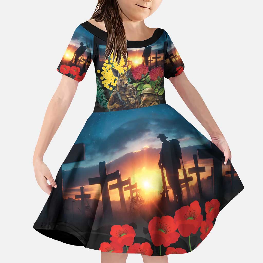 Kangaroo-Kiwi Soldier ANZAC Personalised Family Matching Short Sleeve Bodycon Dress and Hawaiian Shirt Golden Wattle and Pohutukawa Flowers LT9 Daughter's Dress Black - Polynesian Pride