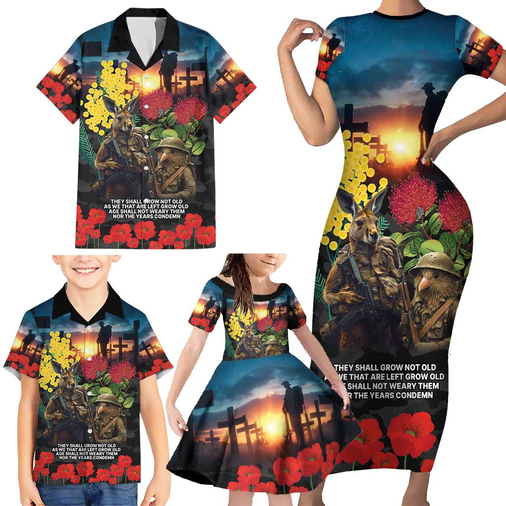 Kangaroo-Kiwi Soldier ANZAC Personalised Family Matching Short Sleeve Bodycon Dress and Hawaiian Shirt Golden Wattle and Pohutukawa Flowers LT9 - Polynesian Pride