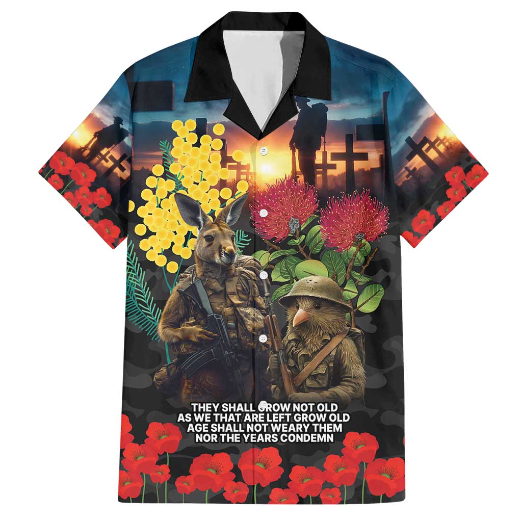 Kangaroo-Kiwi Soldier ANZAC Personalised Family Matching Short Sleeve Bodycon Dress and Hawaiian Shirt Golden Wattle and Pohutukawa Flowers LT9 Dad's Shirt - Short Sleeve Black - Polynesian Pride
