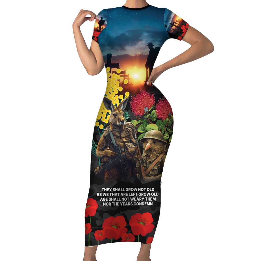 Kangaroo-Kiwi Soldier ANZAC Personalised Family Matching Short Sleeve Bodycon Dress and Hawaiian Shirt Golden Wattle and Pohutukawa Flowers LT9 Mom's Dress Black - Polynesian Pride