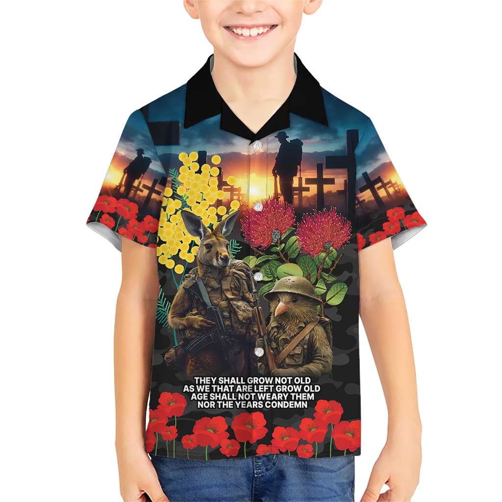 Kangaroo-Kiwi Soldier ANZAC Personalised Family Matching Short Sleeve Bodycon Dress and Hawaiian Shirt Golden Wattle and Pohutukawa Flowers LT9 Son's Shirt Black - Polynesian Pride