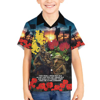 Kangaroo-Kiwi Soldier ANZAC Personalised Family Matching Short Sleeve Bodycon Dress and Hawaiian Shirt Golden Wattle and Pohutukawa Flowers LT9 Son's Shirt Black - Polynesian Pride