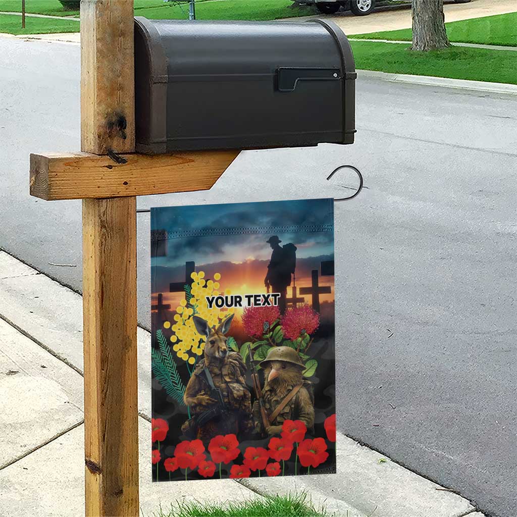 Kangaroo-Kiwi Soldier ANZAC Personalised Garden Flag Golden Wattle and Pohutukawa Flowers