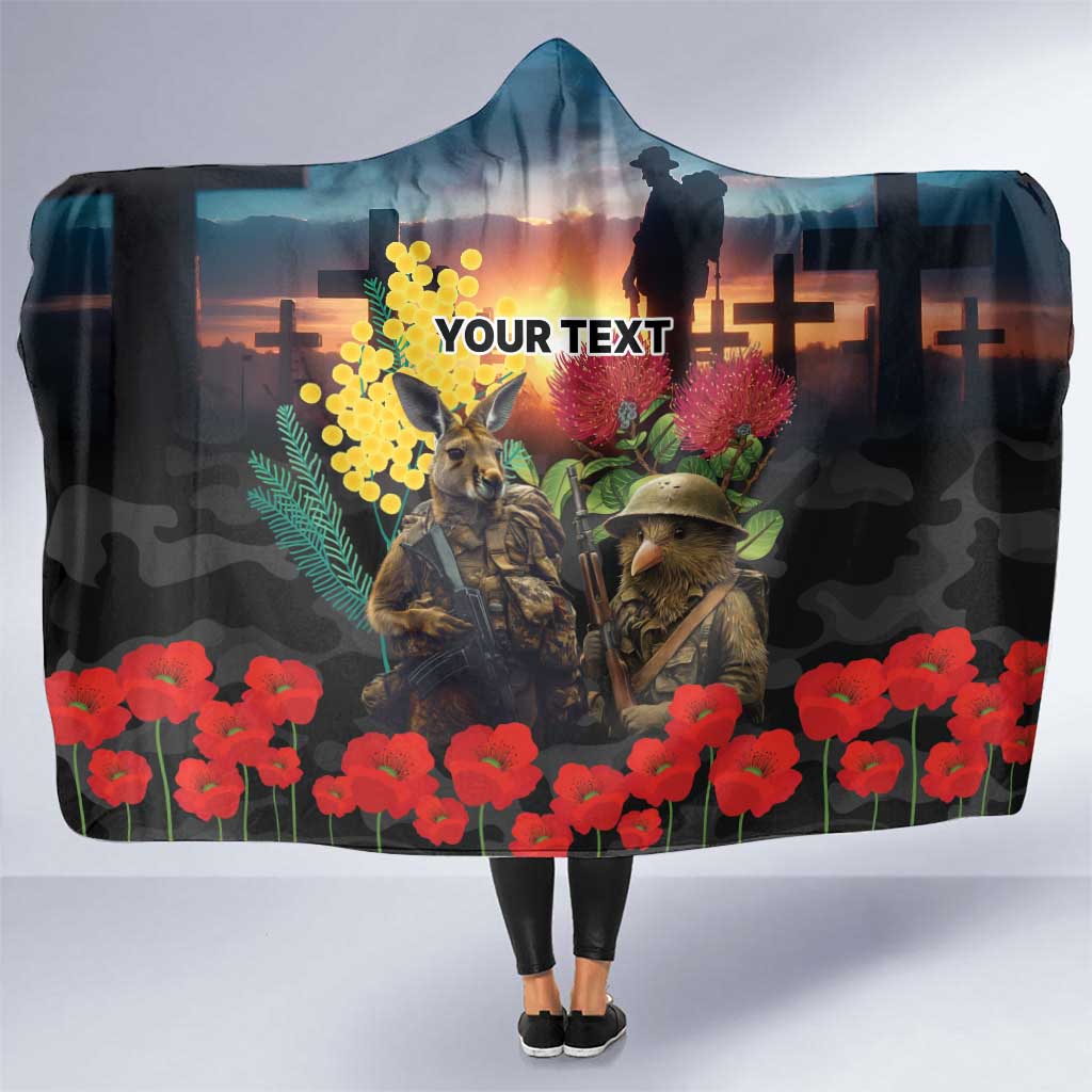 Kangaroo-Kiwi Soldier ANZAC Personalised Hooded Blanket Golden Wattle and Pohutukawa Flowers