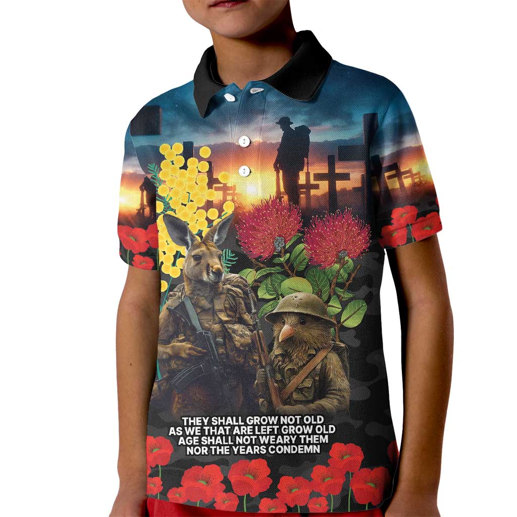 Kangaroo-Kiwi Soldier ANZAC Personalised Kid Polo Shirt Golden Wattle and Pohutukawa Flowers