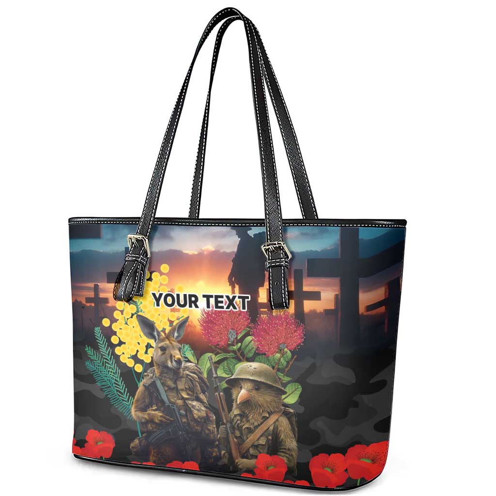 Kangaroo-Kiwi Soldier ANZAC Personalised Leather Tote Bag Golden Wattle and Pohutukawa Flowers