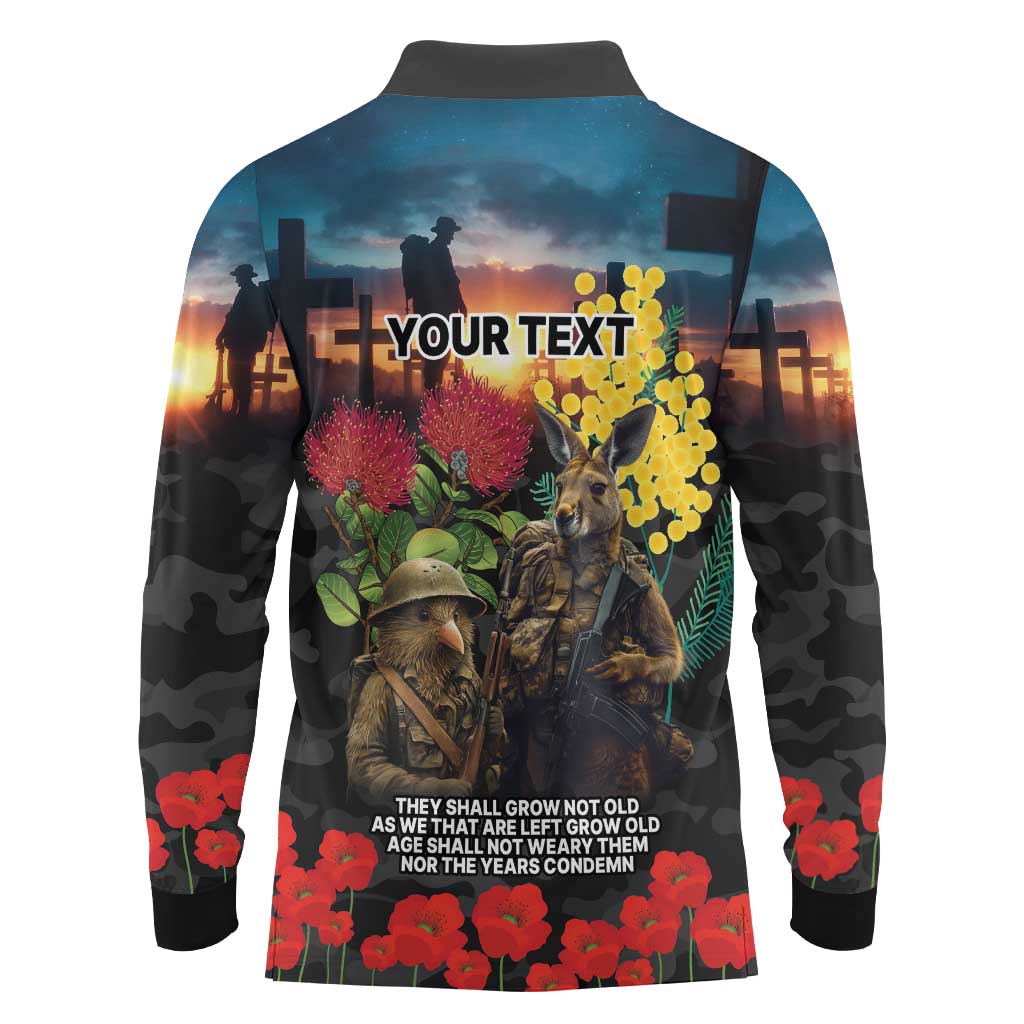 Kangaroo-Kiwi Soldier ANZAC Personalised Long Sleeve Polo Shirt Golden Wattle and Pohutukawa Flowers LT9 - Polynesian Pride