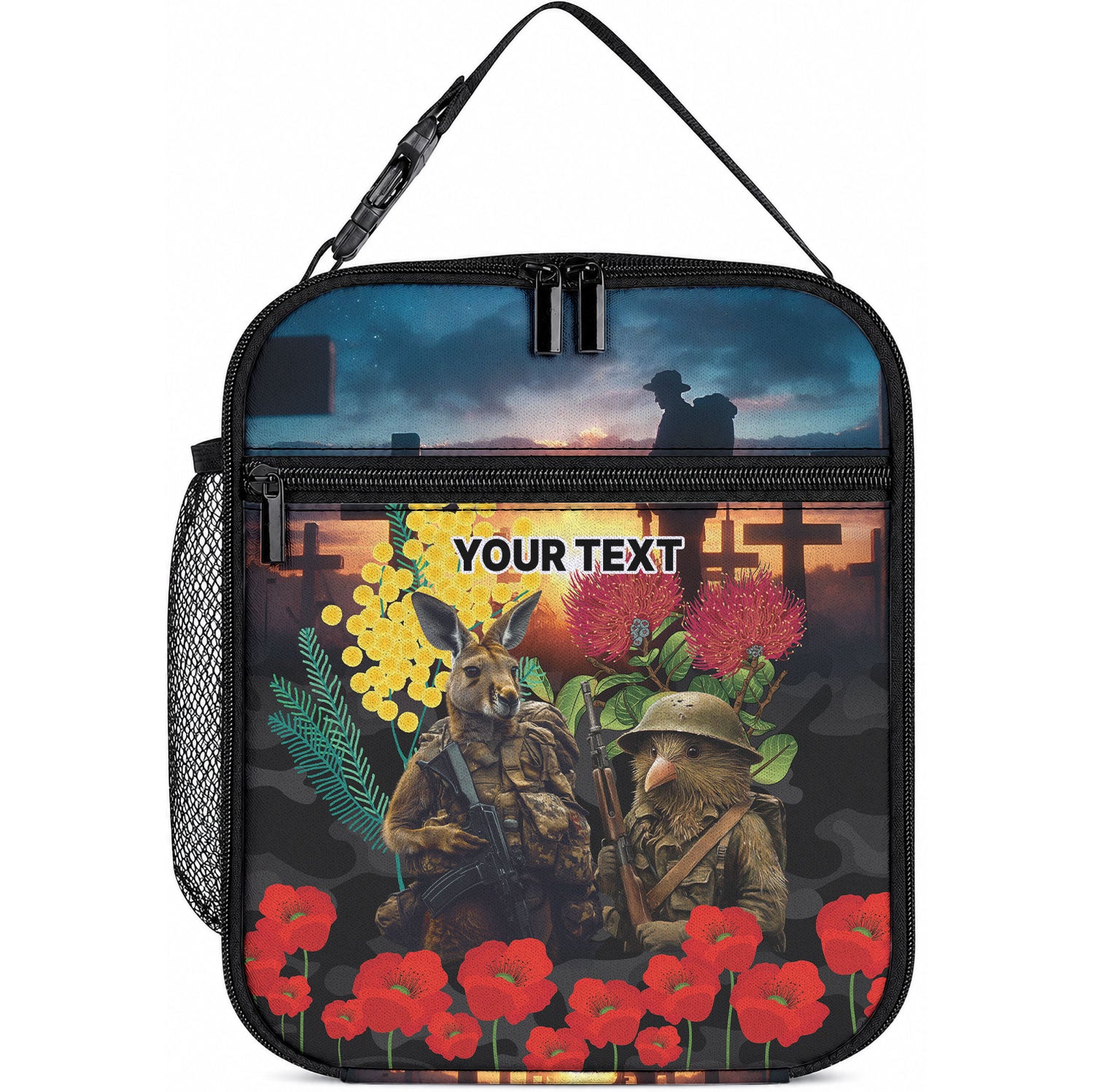 Kangaroo-Kiwi Soldier ANZAC Personalised Lunch Bag Golden Wattle and Pohutukawa Flowers LT9 10.2 × 8.3 × 4.3 inch Black - Polynesian Pride