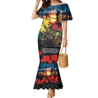 Kangaroo-Kiwi Soldier ANZAC Personalised Mermaid Dress Golden Wattle and Pohutukawa Flowers LT9 Women Black - Polynesian Pride
