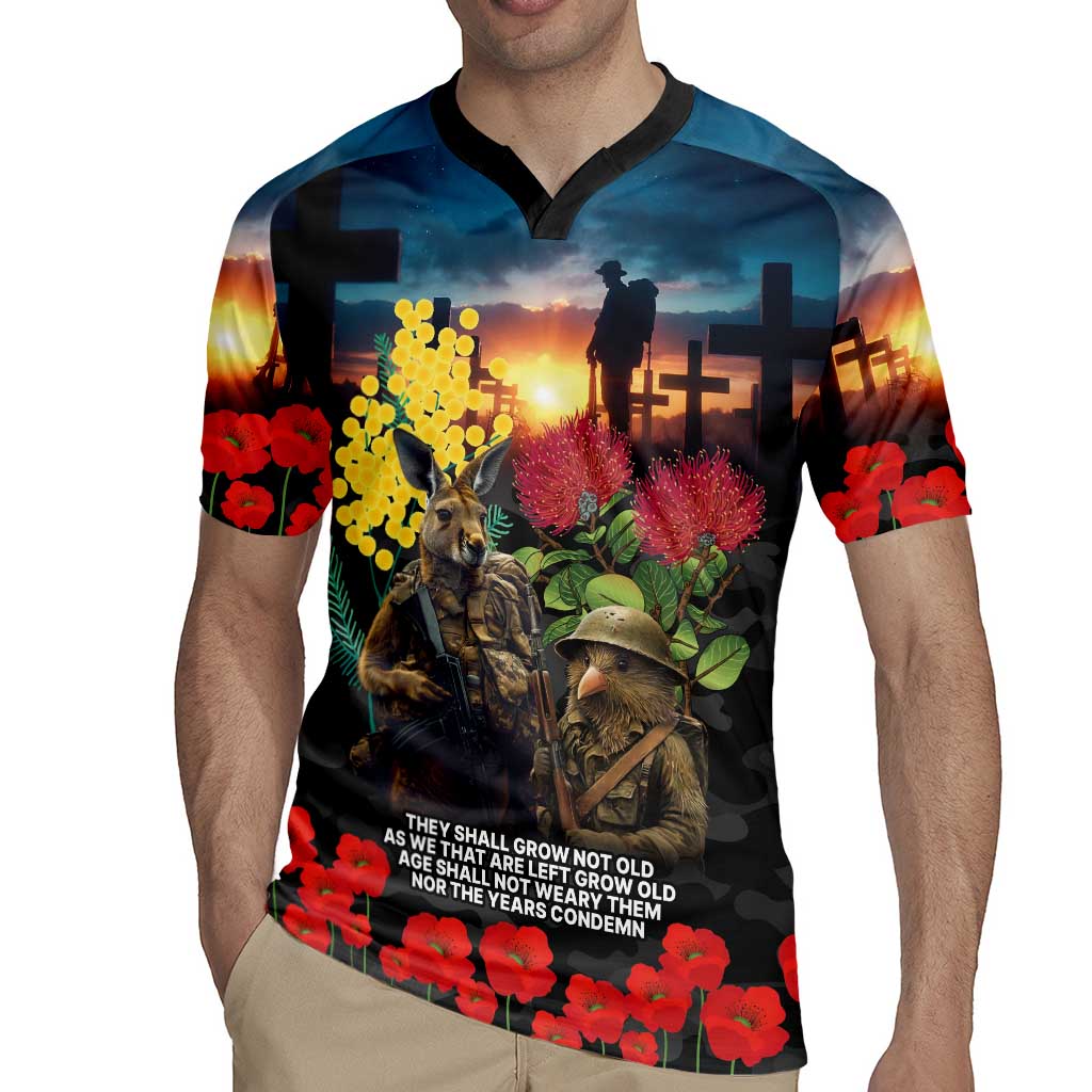 Kangaroo-Kiwi Soldier ANZAC Personalised Rugby Jersey Golden Wattle and Pohutukawa Flowers