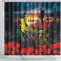 Kangaroo-Kiwi Soldier ANZAC Personalised Shower Curtain Golden Wattle and Pohutukawa Flowers