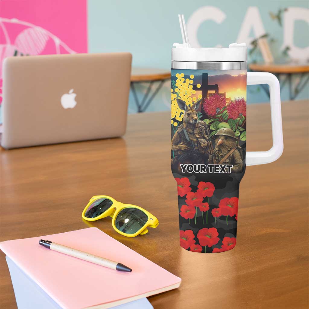 Kangaroo-Kiwi Soldier ANZAC Personalised Tumbler With Handle Golden Wattle and Pohutukawa Flowers