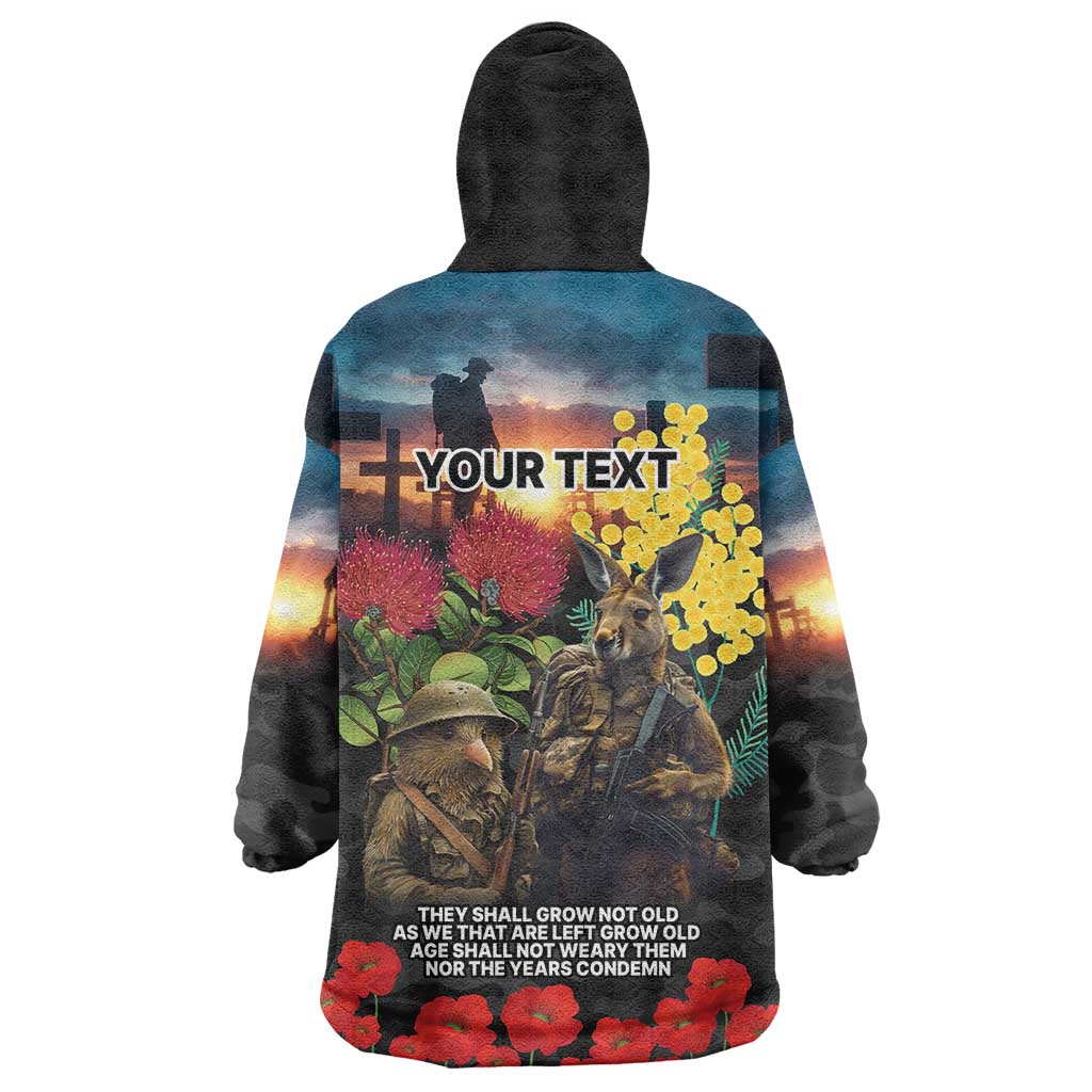 Kangaroo-Kiwi Soldier ANZAC Personalised Wearable Blanket Hoodie Golden Wattle and Pohutukawa Flowers