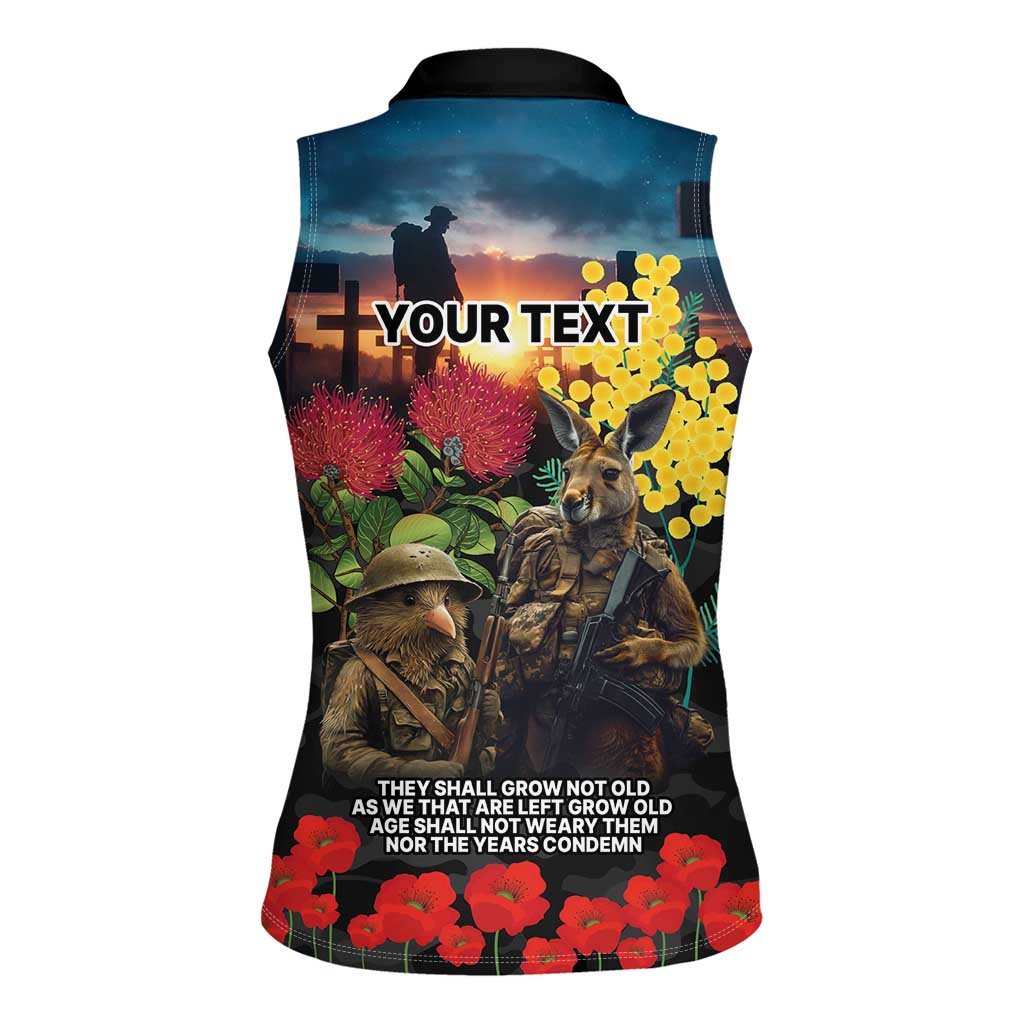 Kangaroo-Kiwi Soldier ANZAC Personalised Women Sleeveless Polo Shirt Golden Wattle and Pohutukawa Flowers LT9 - Polynesian Pride