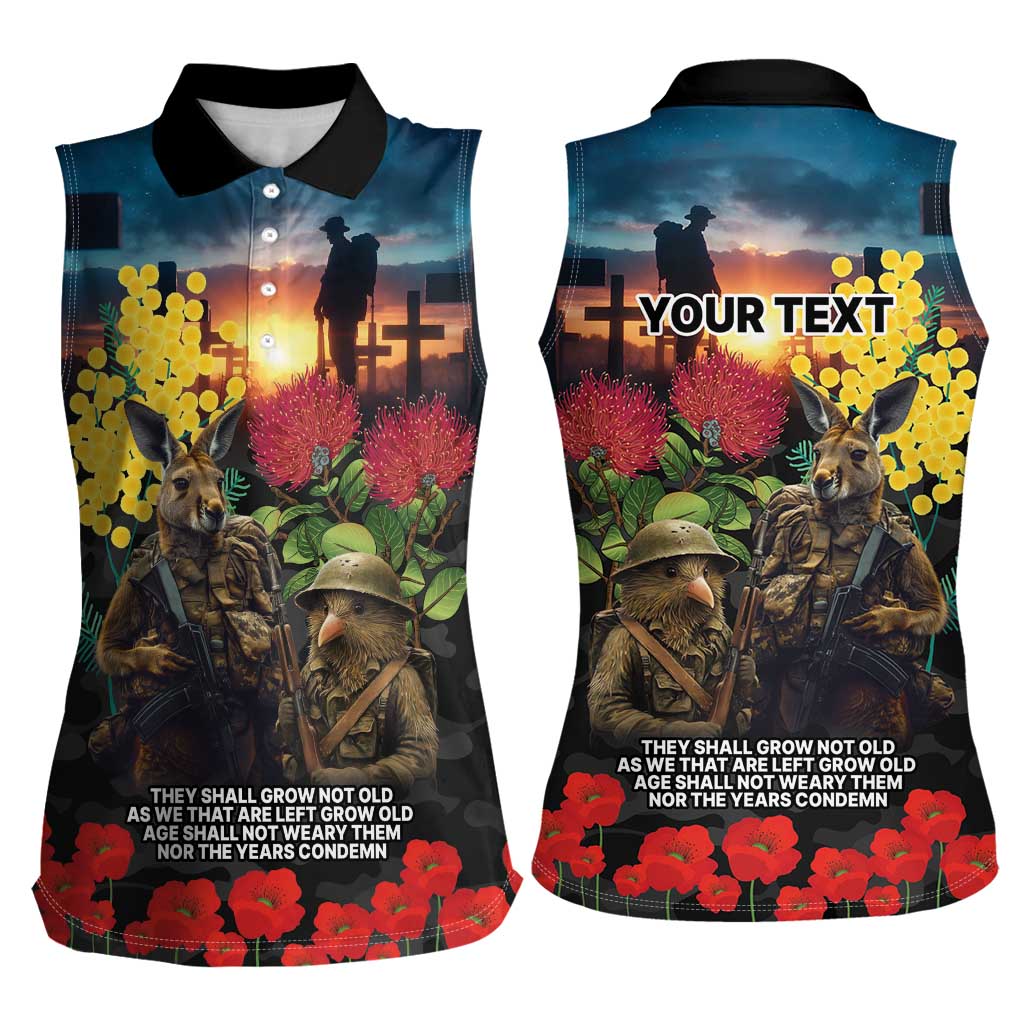 Kangaroo-Kiwi Soldier ANZAC Personalised Women Sleeveless Polo Shirt Golden Wattle and Pohutukawa Flowers LT9 - Polynesian Pride