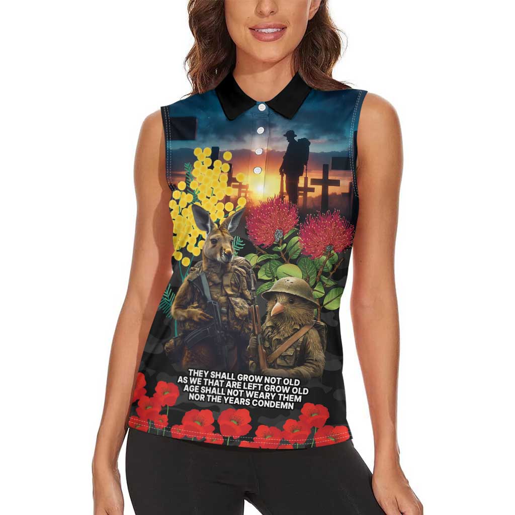 Kangaroo-Kiwi Soldier ANZAC Personalised Women Sleeveless Polo Shirt Golden Wattle and Pohutukawa Flowers LT9 - Polynesian Pride