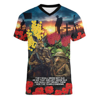 Kangaroo-Kiwi Soldier ANZAC Personalised Women V-Neck T-Shirt Golden Wattle and Pohutukawa Flowers LT9 Female Black - Polynesian Pride
