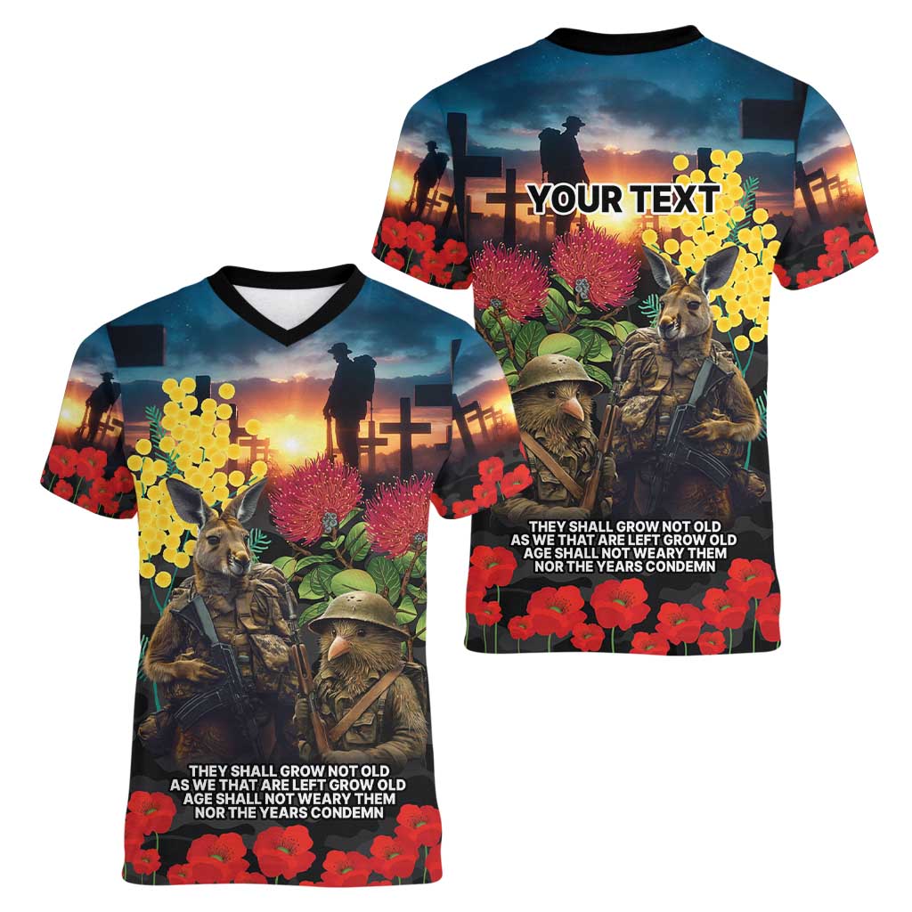 Kangaroo-Kiwi Soldier ANZAC Personalised Women V-Neck T-Shirt Golden Wattle and Pohutukawa Flowers LT9 - Polynesian Pride