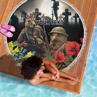 Kangaroo-Kiwi Soldier ANZAC Personalised Beach Blanket Golden Wattle Poppy Flowers