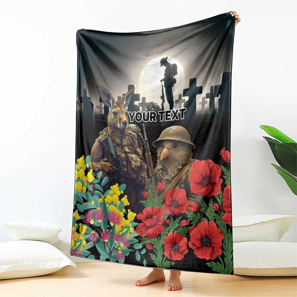 Kangaroo-Kiwi Soldier ANZAC Personalised Blanket Golden Wattle Poppy Flowers