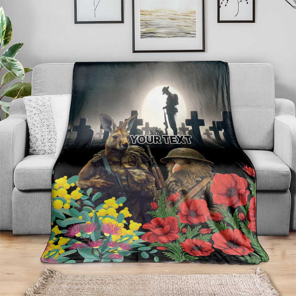Kangaroo-Kiwi Soldier ANZAC Personalised Blanket Golden Wattle Poppy Flowers