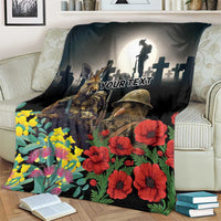 Kangaroo-Kiwi Soldier ANZAC Personalised Blanket Golden Wattle Poppy Flowers