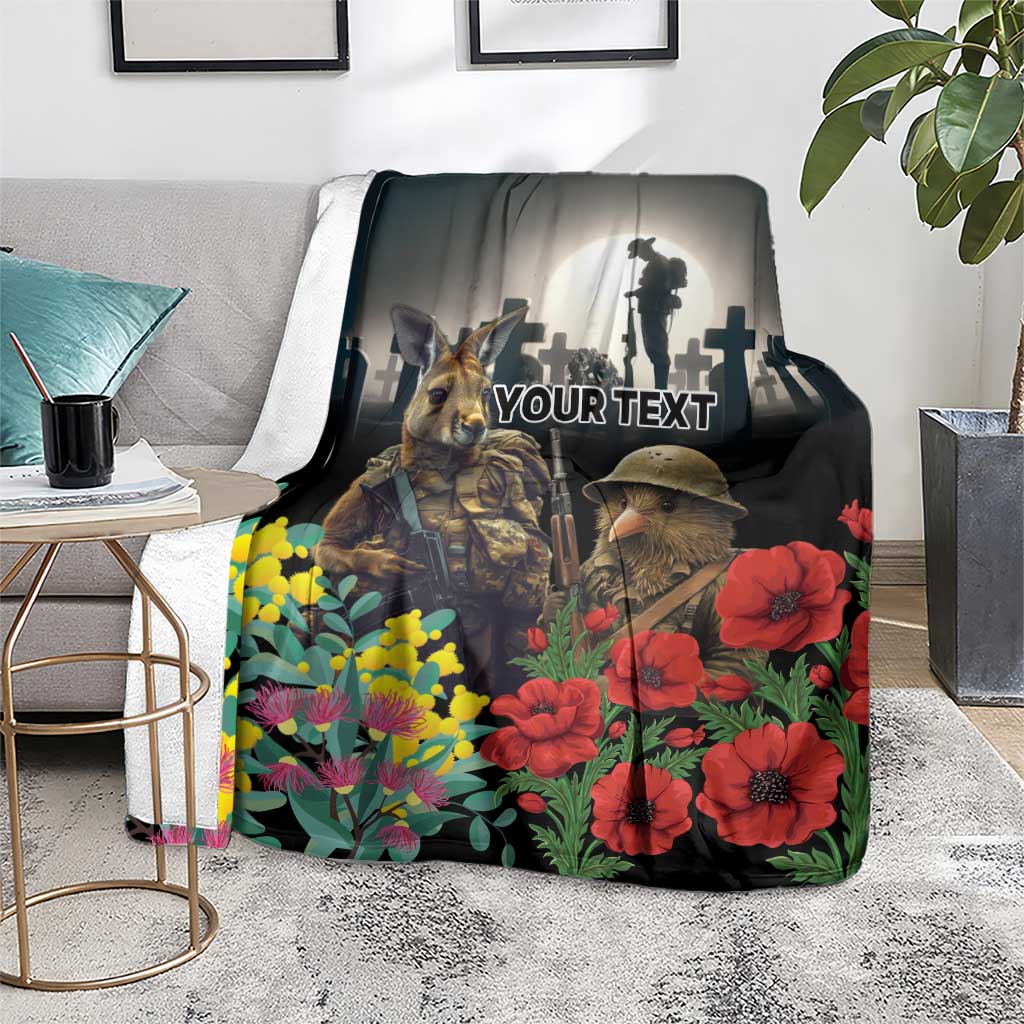 Kangaroo-Kiwi Soldier ANZAC Personalised Blanket Golden Wattle Poppy Flowers