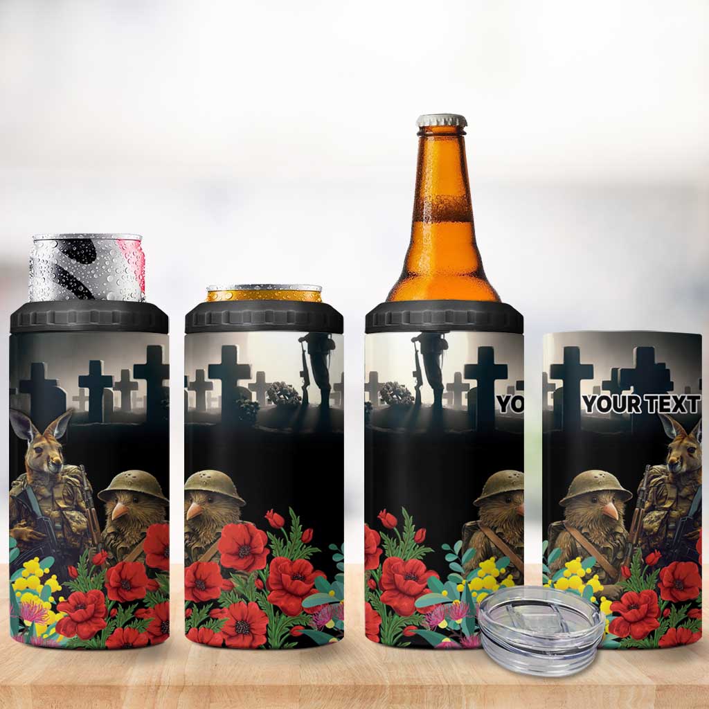 Kangaroo-Kiwi Soldier ANZAC Personalised 4 in 1 Can Cooler Tumbler Golden Wattle Poppy Flowers