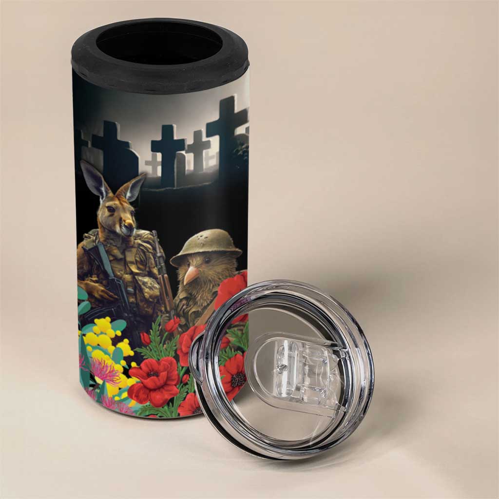 Kangaroo-Kiwi Soldier ANZAC Personalised 4 in 1 Can Cooler Tumbler Golden Wattle Poppy Flowers