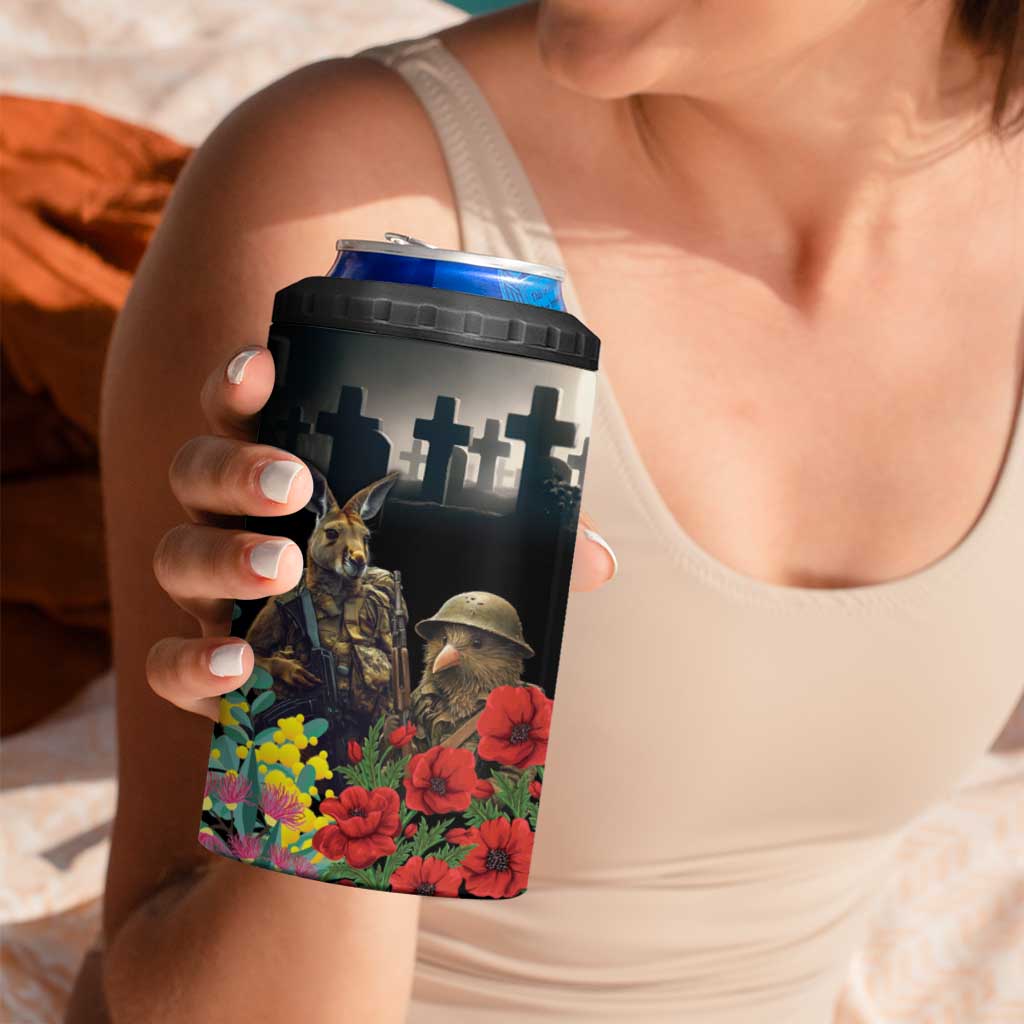 Kangaroo-Kiwi Soldier ANZAC Personalised 4 in 1 Can Cooler Tumbler Golden Wattle Poppy Flowers