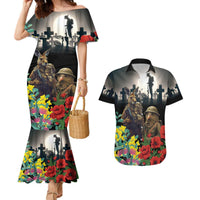 Kangaroo-Kiwi Soldier ANZAC Personalised Couples Matching Mermaid Dress and Hawaiian Shirt Golden Wattle Poppy Flowers LT9 Black - Polynesian Pride