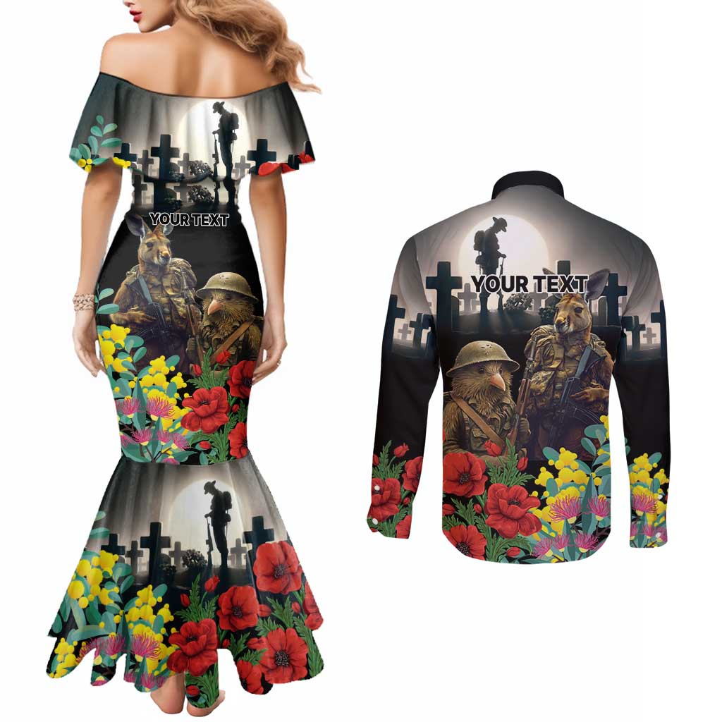 Kangaroo-Kiwi Soldier ANZAC Personalised Couples Matching Mermaid Dress and Long Sleeve Button Shirt Golden Wattle Poppy Flowers LT9 - Polynesian Pride