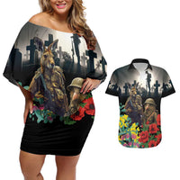 Kangaroo-Kiwi Soldier ANZAC Personalised Couples Matching Off Shoulder Short Dress and Hawaiian Shirt Golden Wattle Poppy Flowers LT9 Black - Polynesian Pride