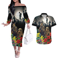 Kangaroo-Kiwi Soldier ANZAC Personalised Couples Matching Off The Shoulder Long Sleeve Dress and Hawaiian Shirt Golden Wattle Poppy Flowers LT9 Black - Polynesian Pride
