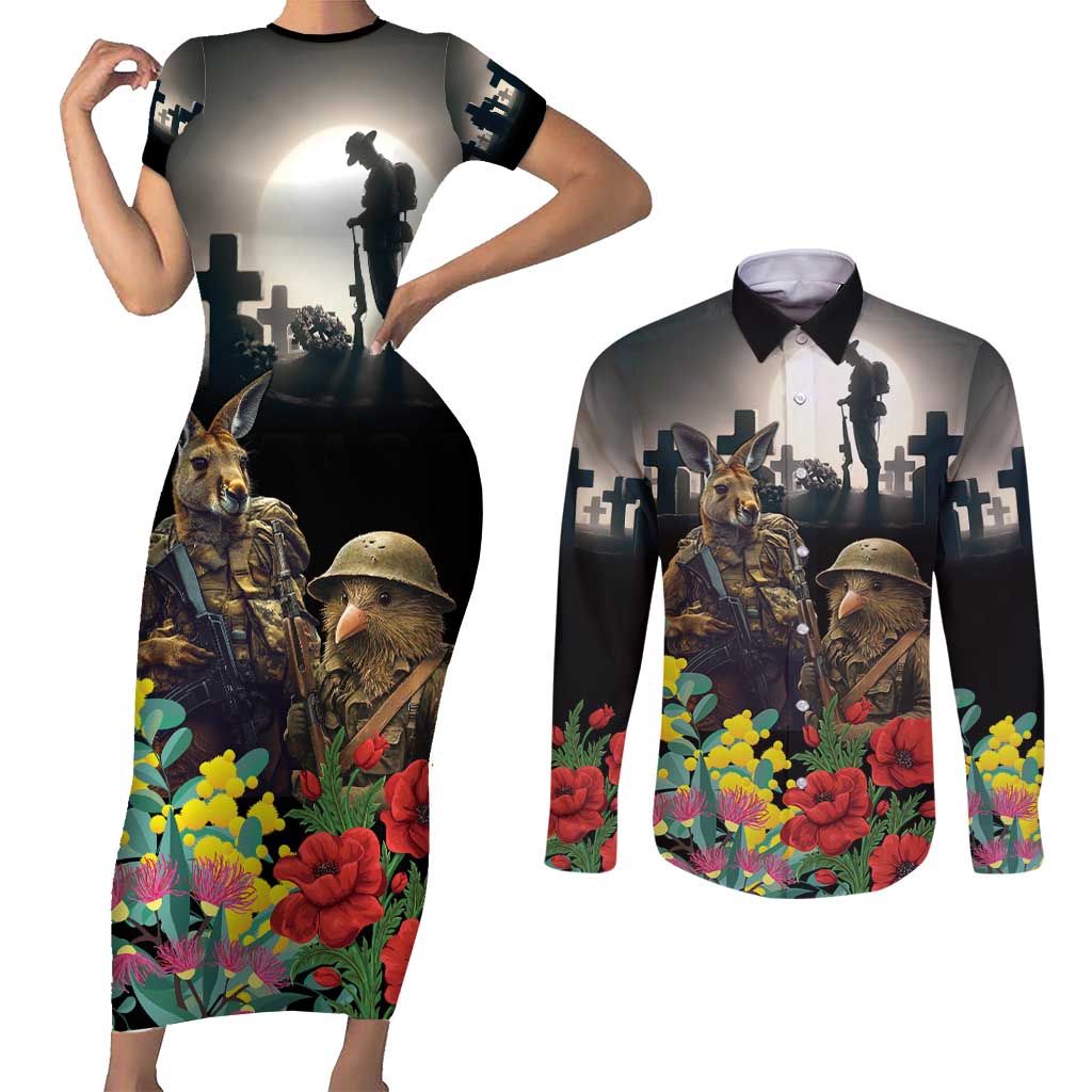 Kangaroo-Kiwi Soldier ANZAC Personalised Couples Matching Short Sleeve Bodycon Dress and Long Sleeve Button Shirt Golden Wattle Poppy Flowers LT9 Black - Polynesian Pride