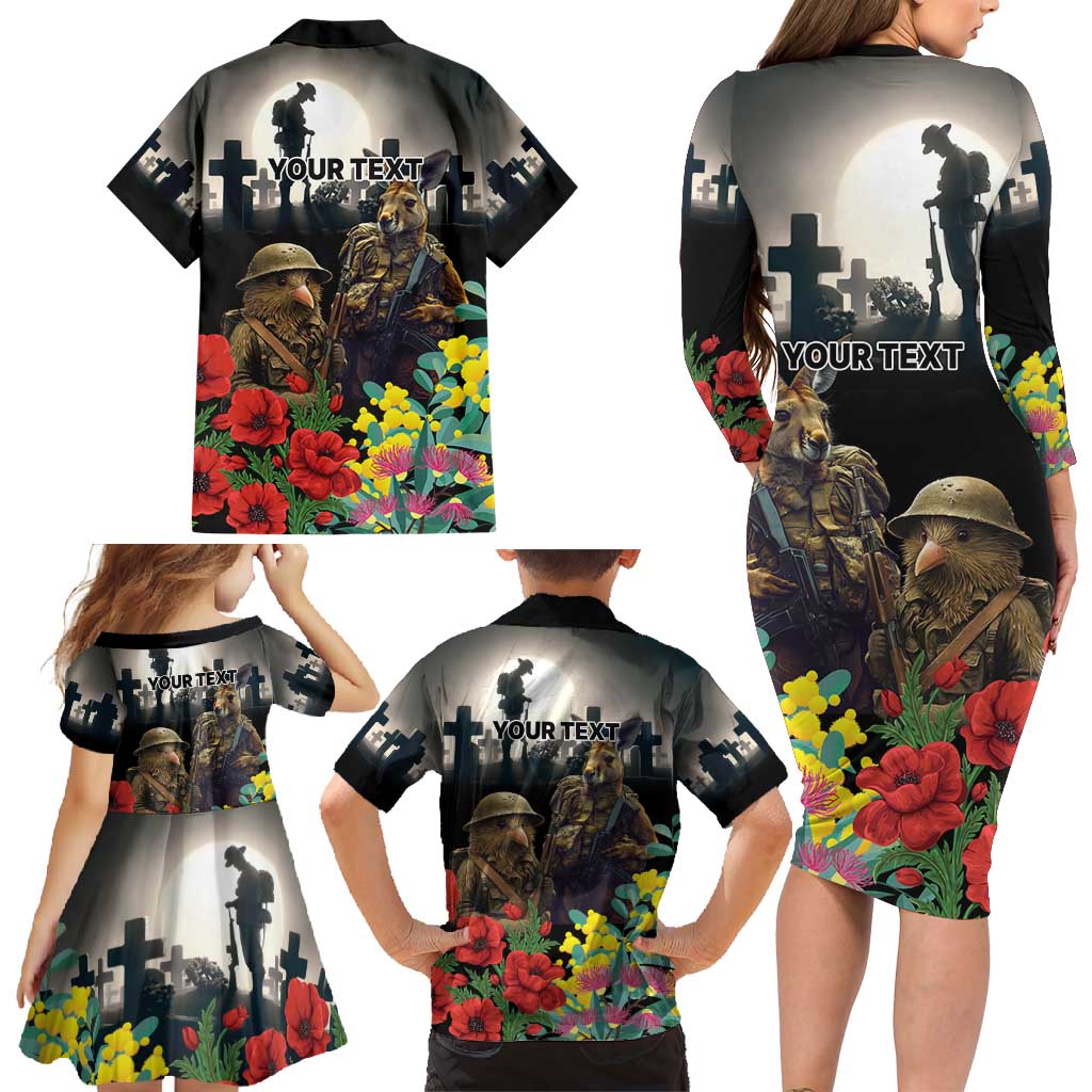 Kangaroo-Kiwi Soldier ANZAC Personalised Family Matching Long Sleeve Bodycon Dress and Hawaiian Shirt Golden Wattle Poppy Flowers LT9 - Polynesian Pride