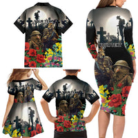 Kangaroo-Kiwi Soldier ANZAC Personalised Family Matching Long Sleeve Bodycon Dress and Hawaiian Shirt Golden Wattle Poppy Flowers LT9 - Polynesian Pride