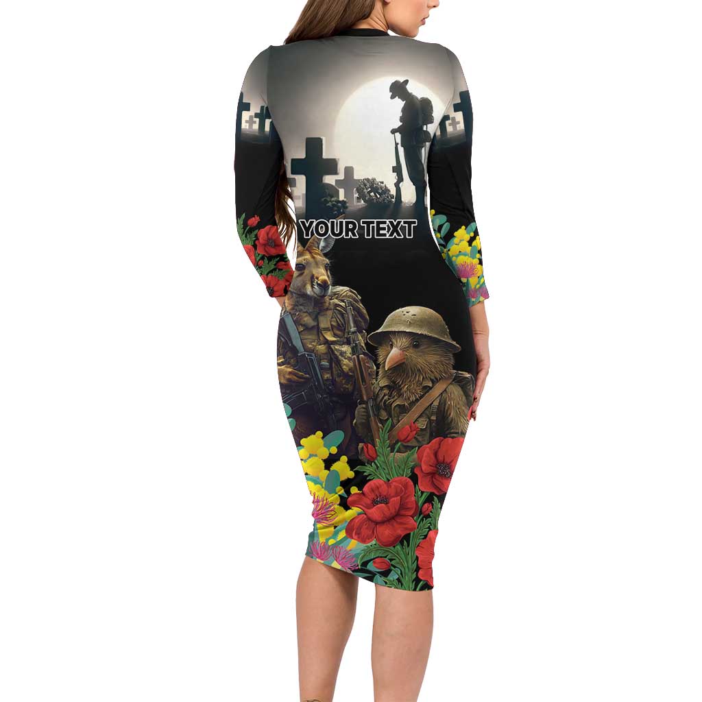 Kangaroo-Kiwi Soldier ANZAC Personalised Family Matching Long Sleeve Bodycon Dress and Hawaiian Shirt Golden Wattle Poppy Flowers LT9 - Polynesian Pride