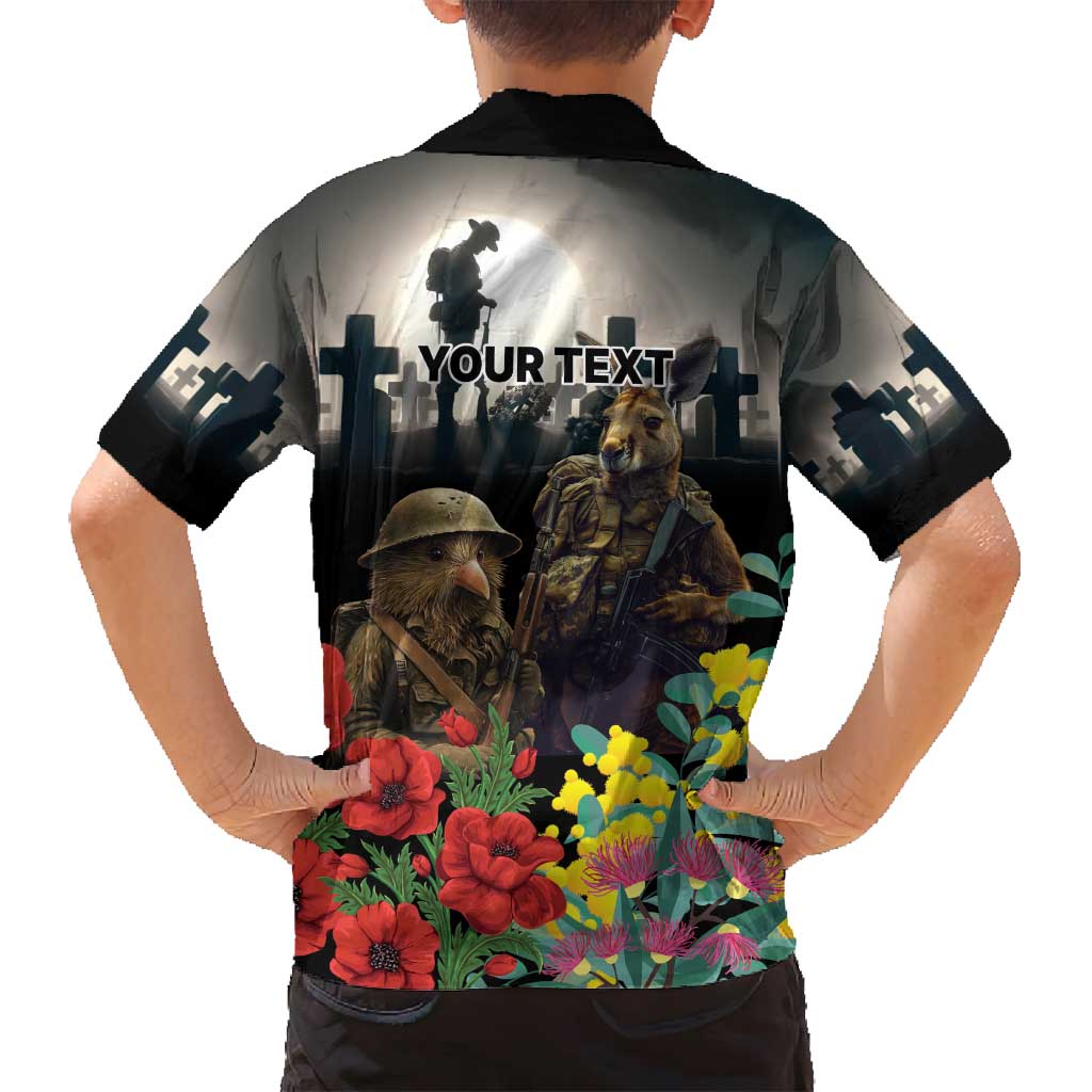 Kangaroo-Kiwi Soldier ANZAC Personalised Family Matching Off Shoulder Maxi Dress and Hawaiian Shirt Golden Wattle Poppy Flowers