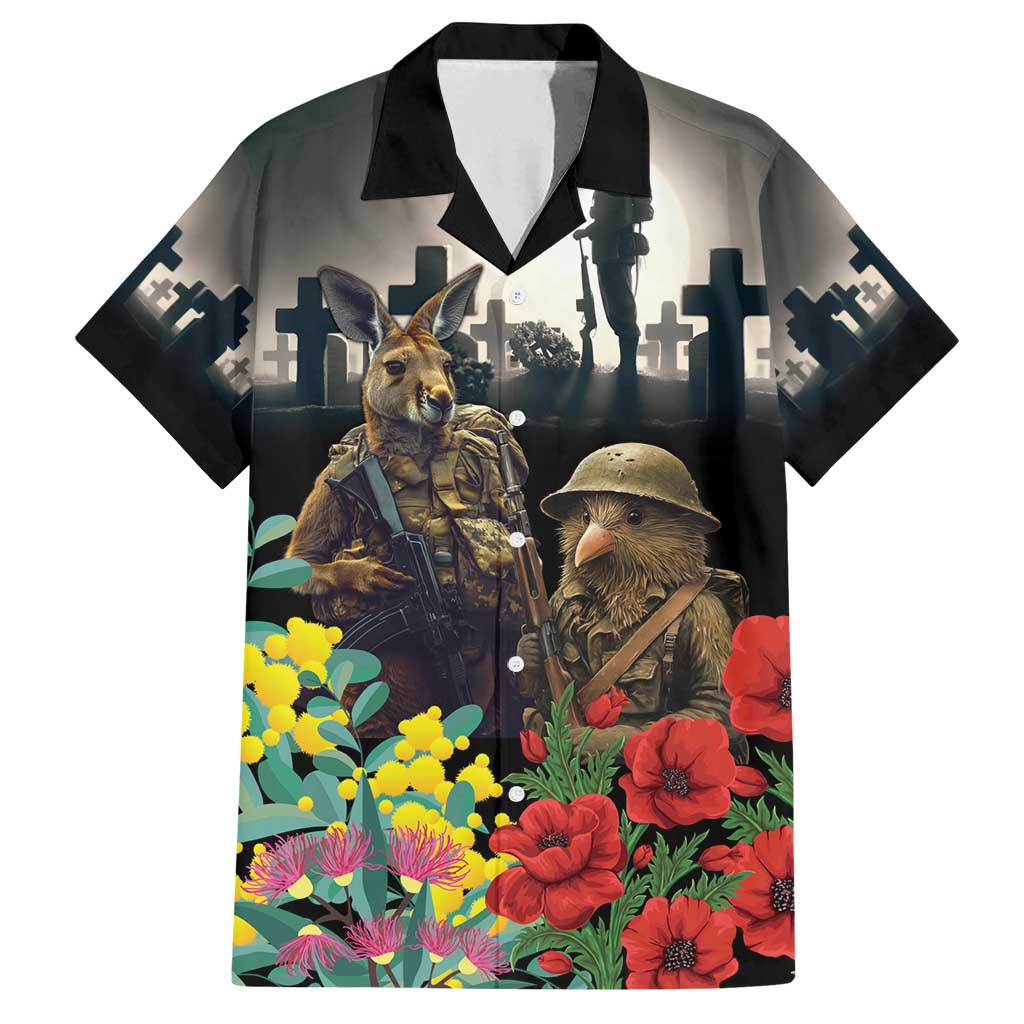 Kangaroo-Kiwi Soldier ANZAC Personalised Family Matching Puletasi and Hawaiian Shirt Golden Wattle Poppy Flowers LT9 Dad's Shirt - Short Sleeve Black - Polynesian Pride