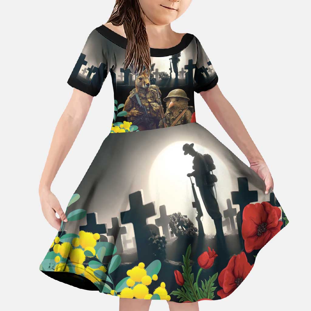 Kangaroo-Kiwi Soldier ANZAC Personalised Family Matching Short Sleeve Bodycon Dress and Hawaiian Shirt Golden Wattle Poppy Flowers LT9 Daughter's Dress Black - Polynesian Pride