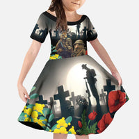 Kangaroo-Kiwi Soldier ANZAC Personalised Family Matching Short Sleeve Bodycon Dress and Hawaiian Shirt Golden Wattle Poppy Flowers LT9 Daughter's Dress Black - Polynesian Pride