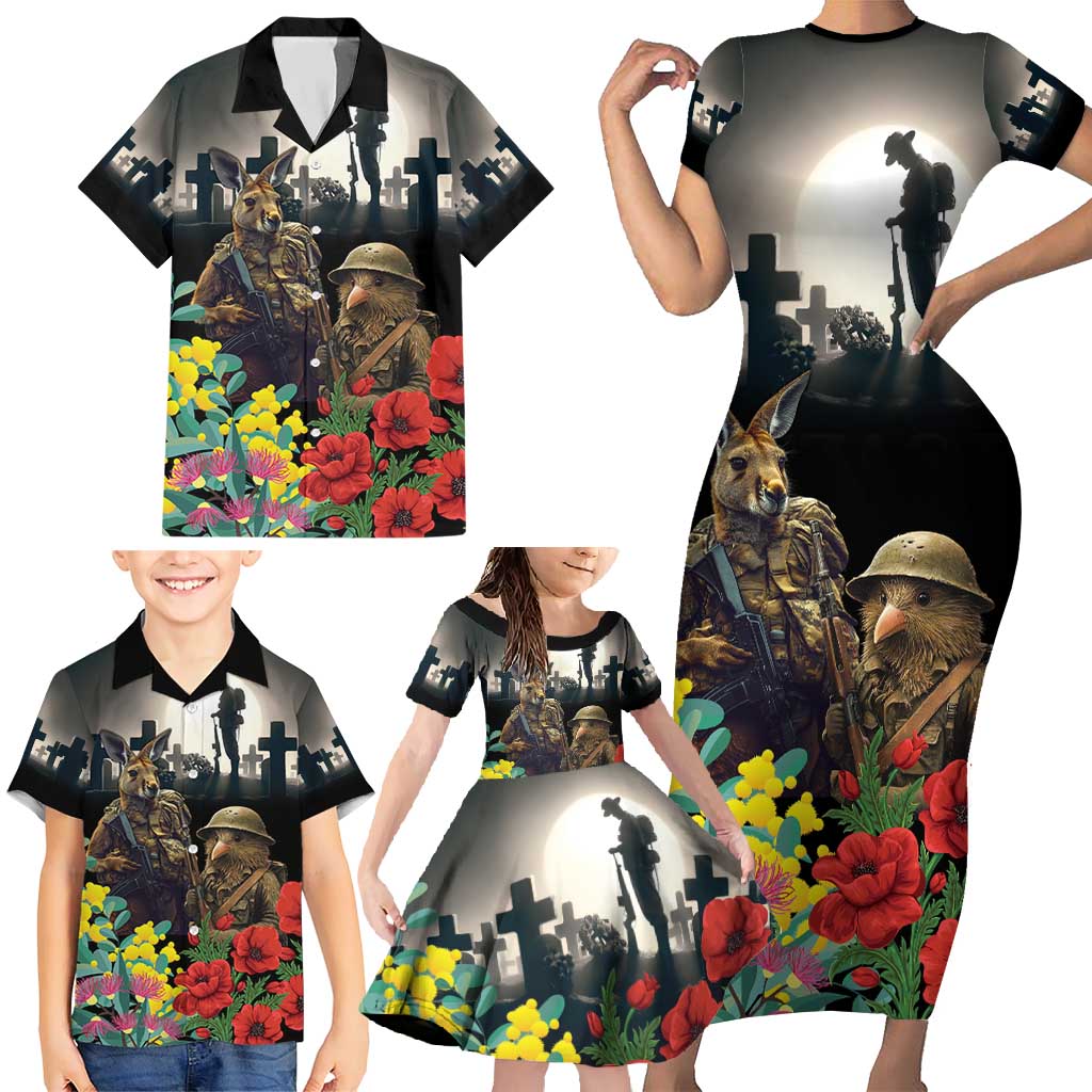 Kangaroo-Kiwi Soldier ANZAC Personalised Family Matching Short Sleeve Bodycon Dress and Hawaiian Shirt Golden Wattle Poppy Flowers LT9 - Polynesian Pride