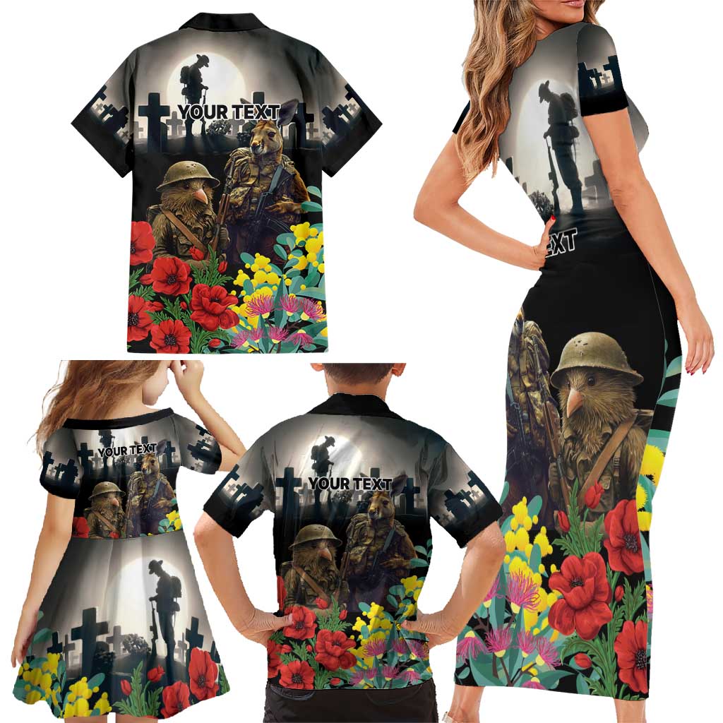 Kangaroo-Kiwi Soldier ANZAC Personalised Family Matching Short Sleeve Bodycon Dress and Hawaiian Shirt Golden Wattle Poppy Flowers LT9 - Polynesian Pride