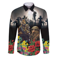 Kangaroo-Kiwi Soldier ANZAC Personalised Family Matching Short Sleeve Bodycon Dress and Hawaiian Shirt Golden Wattle Poppy Flowers LT9 Dad's Shirt - Long Sleeve Black - Polynesian Pride