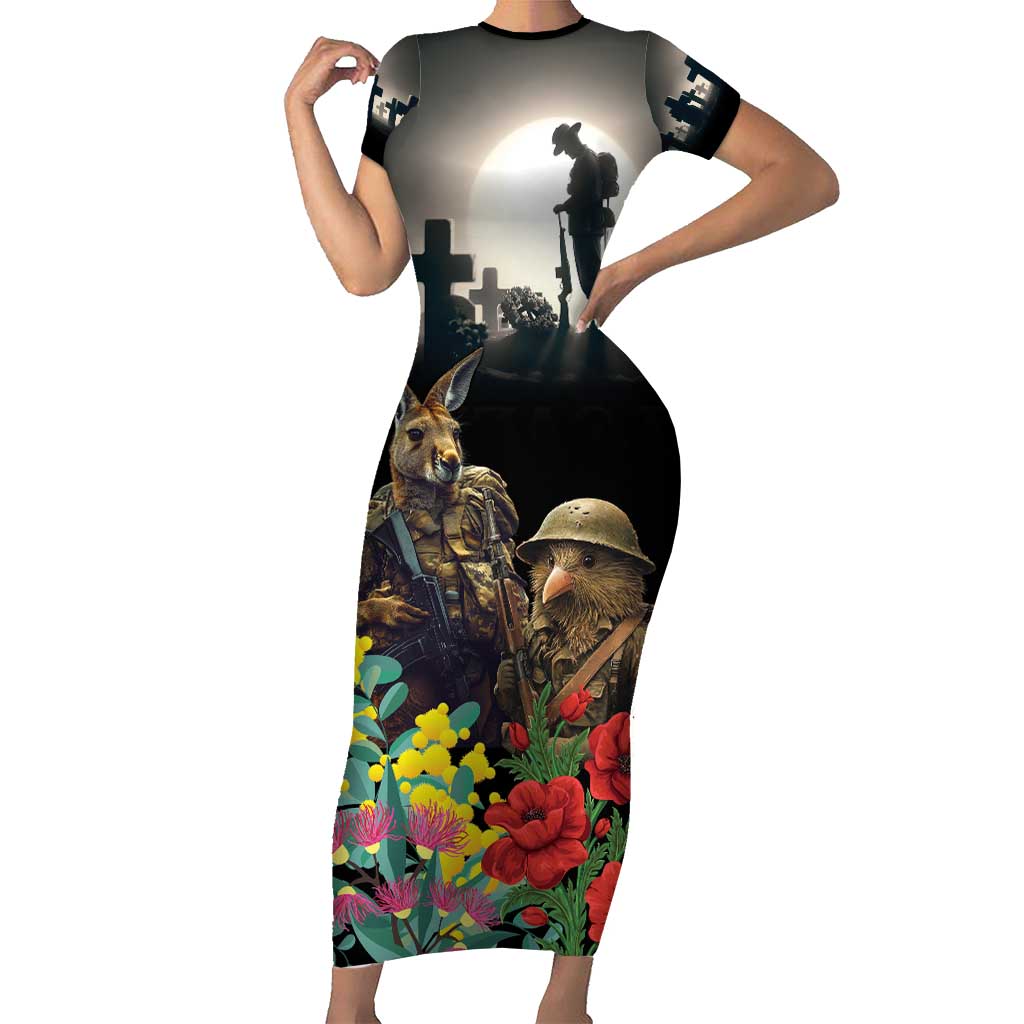 Kangaroo-Kiwi Soldier ANZAC Personalised Family Matching Short Sleeve Bodycon Dress and Hawaiian Shirt Golden Wattle Poppy Flowers LT9 Mom's Dress Black - Polynesian Pride